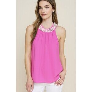 Lilly Pulitzer Pink Shawn Halter Top Pearl Neckline Tropics Size XS Beaded